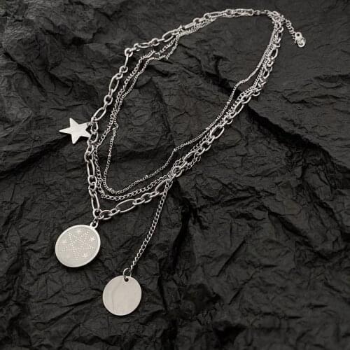 Origin Summer Stainless Steel Double Layer Circle Coin Medallion Star Pendant Necklace for Women Asymmetric Necklace Jewelry
