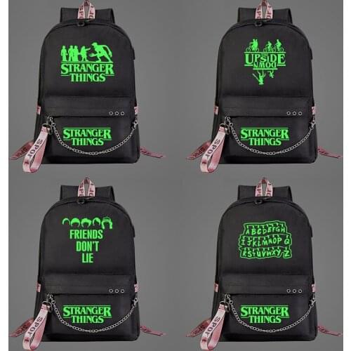 New Luminous Green Light Stranger Things Prints Boys Girls Kids School bag Women USB Chain Backpack Canvas Men Bagpack Bookbag