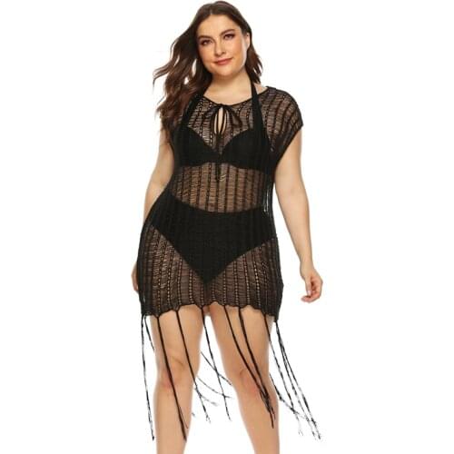 Crochet Cotton Swimsuit Cover Up Women Beach Dress Plus Size Beachwear Fishnet Cover Ups Tassels Summer Dress Coverup Swimwear