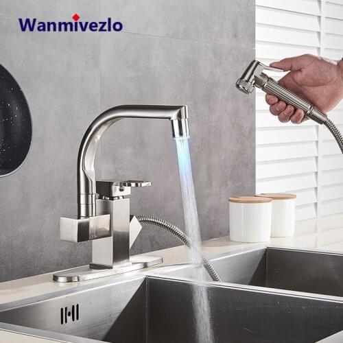 LED Light Dual Spout Pull Out Kitchen Faucets Deck Mounted Rotation Shower Sprayer Kitchen Taps with Hot and Cold Water Pipes