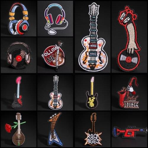 Rock music CD guitar Embroidered headphones Patches Iron on Sewing Applique Patch Bags Decoration DIY Clothes Accessory