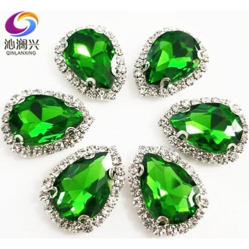 Top grade Silver bottom Glass Crystal buckle,Grass green color Drop shape sew on rhinestones with holes,Diy/wedding decoration