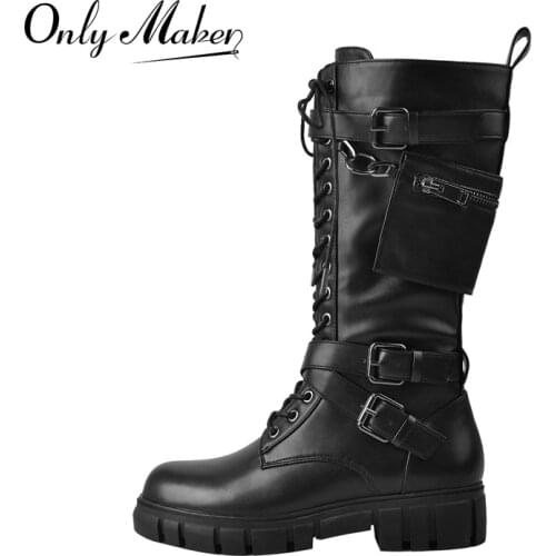 Onlymaker Lace Up Round Toe Boots Low Heels For Women Matte Black Metal Chain Buckle Pocket Decoration Mid-Calf Boots Zipper