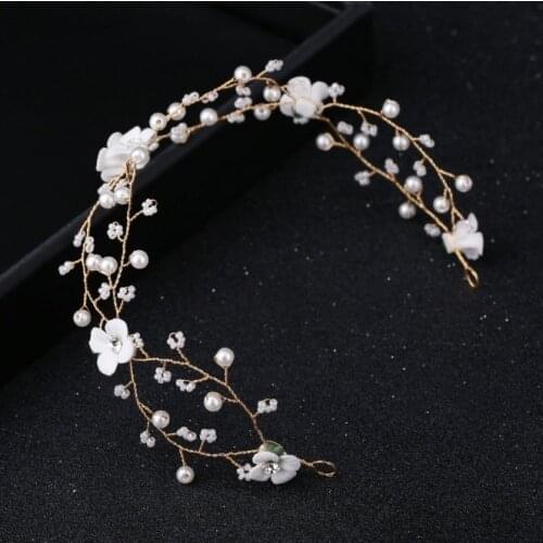 Girls White Flower Bride Hair Vine Pearl Wedding Tiaras Headband Bridesmaid Headdress Beads Bridal Headpiece For Women Jewelry