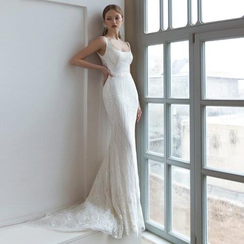 Elegant Lace Tullle Bridal Dress 2021 Vestido de Novia Scoop Neck Sleeveless Mermaid Wedding Dress with Sequin