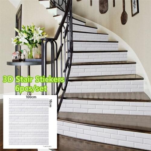 6Pcs/Set 3D Tiles White Brick Pattern Stair Stickers Waterproof Removable Stairway Wallpaper