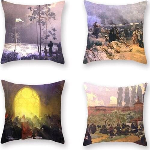 Oil Painting Series Cushion Cover Peach Skin Retro Vintage Sofa Decorative Pillowcase Home Living Room Artistic Accessories 4pcs