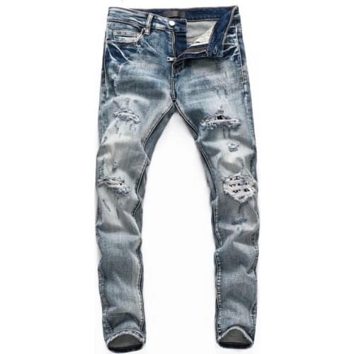 Brand Patched Hole Ripped Skinny Jeans Men Stacked Distressed Hight Street Mens Jeans Slim Fit Jeans Homme Marque De Luxe