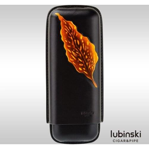 LUBINSKI Genuine Leather Black Leaf Style Cigar Case Travel Case Humidor Holder 2/3 Tube Fit Cigars Tobacco Storage W/Gift Box