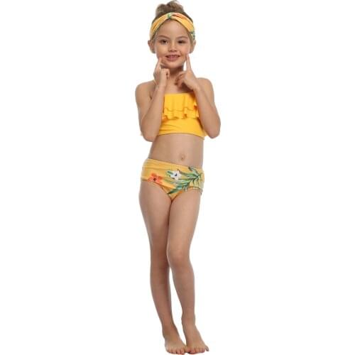 Children Split Swimsuit Set, Girls Solid Color Sleeveless Cropped Tops with Ruffle + Floral Print Panties for Summer