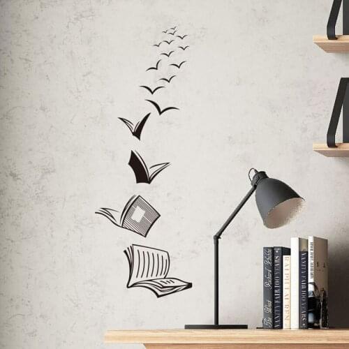 Library Background Wall Sticker Open Book Fly Birds Removable Wall Sticker Study Bedroom Wall Sticker Home Decoration