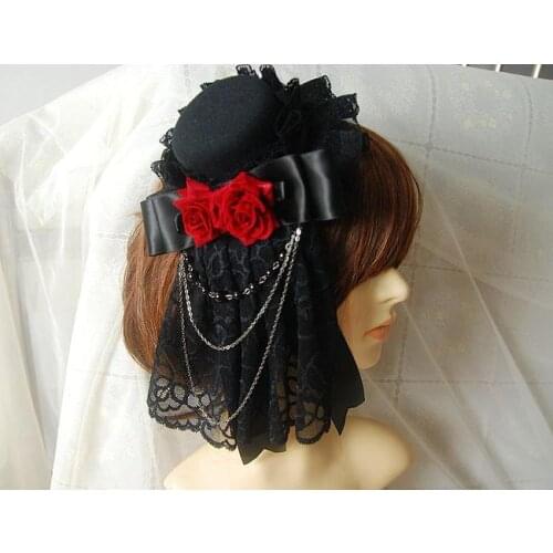 Gothic Lolita Headdress Retro Mini Top Hat with Lace & Flower Rose Chain Steampunk Hair Clip Accessories