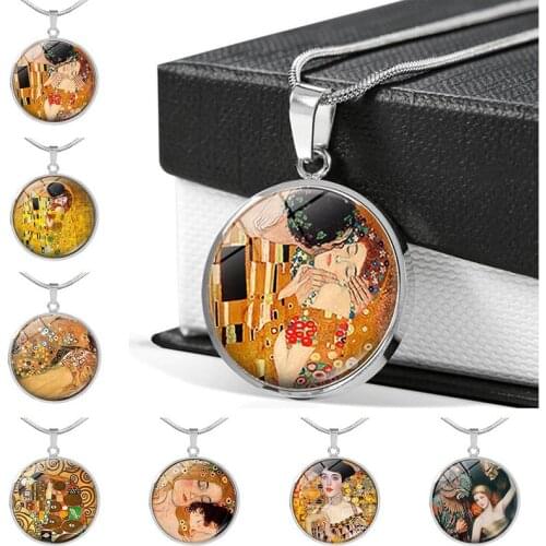 Gustav Klimt The Kiss Round Pendant Necklace Klimt Art Jewelry Valentine Gift Glass Cabochon Pendant Crystal Necklace for Women