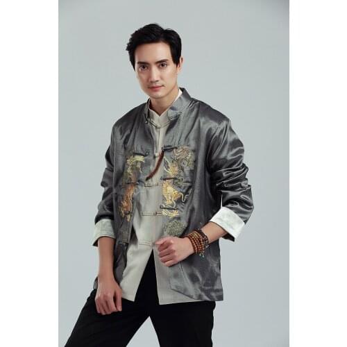 Gary Chinese Men Satin Jacket Embroidery Dragon Coat Kung Fu Tai Chi Clothing Autumn Button Outwear M L XL XXL XXXL