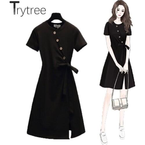 Trytree 2021 Summer Womens Dress Casual Solid O-neck Buttons Bow Belt Elegant Split Hem Office Lady Knee-Length Black Dress