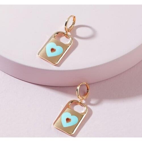 SRCOI Fashion Pink Blue Enamel Heart Lock Earrings For Women Gold Color Dripping Oil Charms Hoop Earrings Couple Lovely Jewelry