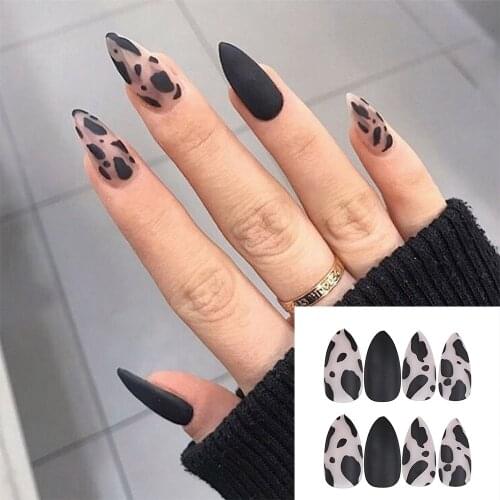 24PCS/Box Black Matte Leopard False Nail Tips Stiletto Cow Pattern Fake Nails With Glue Full Cover Girls Nail Art Tips Accessory