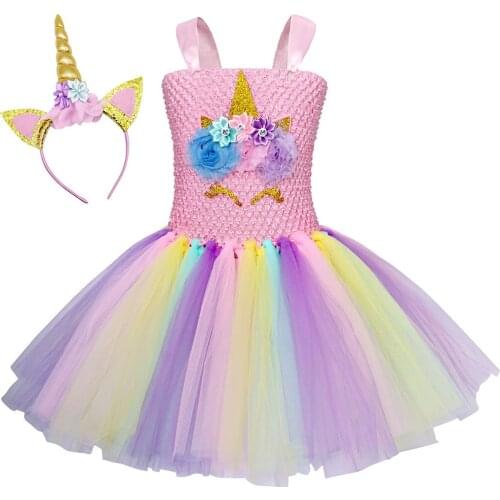 Unicorn Tutu Dress With Headband Fancy Girl Party Dresses Halloween Cosplay Rainbow Tulle Princess Dress Kids Halloween Costumes