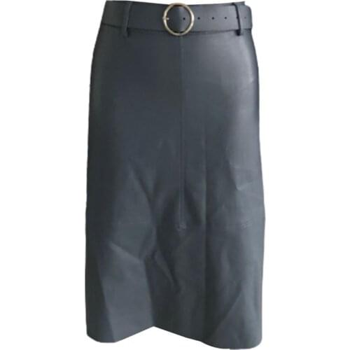 Stylish Women Solid Color Faux Leather High Waist Office Midi Skirt with Belt