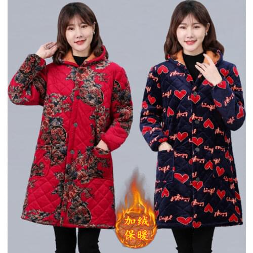 Grandmas Warm Hooded Jacket Winter Plus size Printing Plus velvet Thick Long Coat Casual Cotton Snow Parkas Outerwear Female