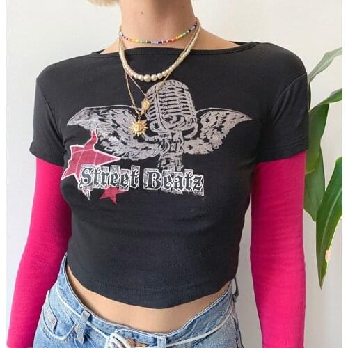 Printed y2k Crop Top Black Long Sleeve T Shirt O Neck Vintage Cute Patchwork Pullovers Women Harajuku Casual Tee Fall