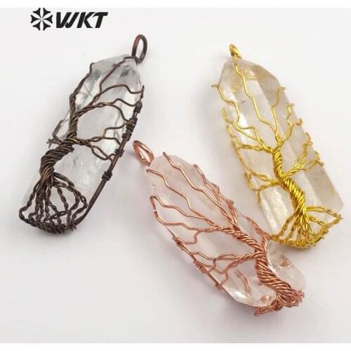 WT-P1399 WKT Wholesale Crystal Point Pendant Tree Of Life Wire Wrapped Pendant 4 Colors optional For Women Dainty Jewelry
