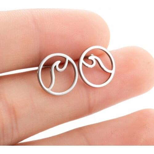 Hfarich Minimalist Simple Circle Wave Studs Earrings Stainless Steel Beach Ocean Wave Earings for Women Femme