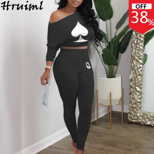 2 Piece Set Women Poker Print Autumn Long Sleeve One Shoulder Crop Top Pencil Pants Two Piece Outfits Fall Clothes for Women