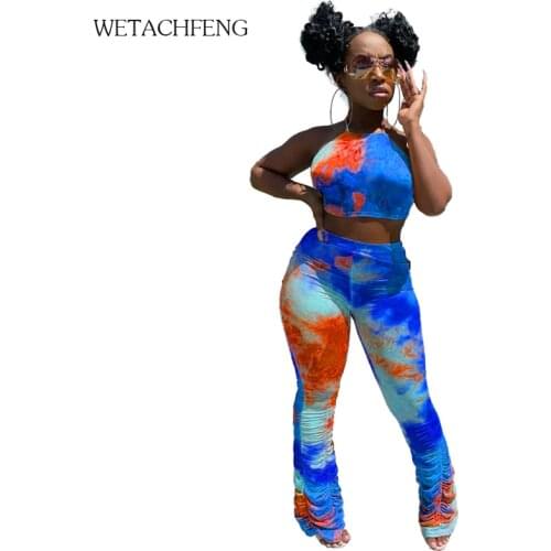 Sexy Crop Top Backless Tie Dye Two Piece Set Women Stacked Leggings Tracksuit Joggers Fitness Outfits Sweatpants 2 Piece Clothes