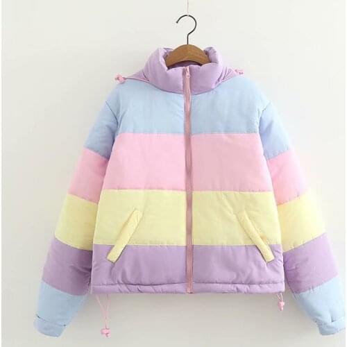 Winter Thicken Rainbow Contrast Womens Down Jacket Loose Padded Student Winter Coat Women Warm College Parka Female