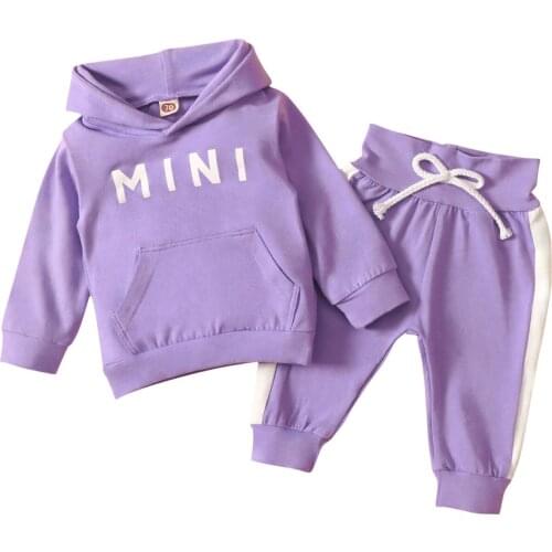 2020 Fall Toddler Baby Girls Boys Clothing Set Infant Long Sleeve MINI Print Hooded Pullover Sweatshirt + Drawstring Pants 0-24M