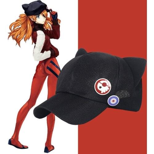 Anime Hat Cute Cat Ears EVA Asuka Langley Soryu Cosplay Cotton Hat Adult Kids Baseball Mesh Cap Badge Prop Party