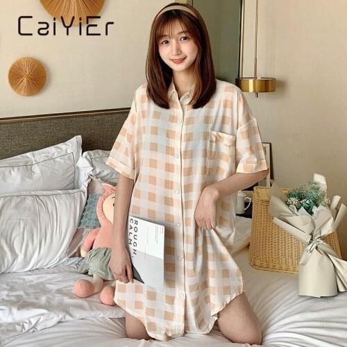 CAIYIER Sexy Thin Pyjamas Night Dress for Women Short-Sleeved Grid Print Nightgown Summer Lapel Leisure Midi Pattern Night Skirt