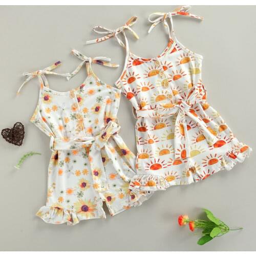 FOCUSNORM 0-4Y Summer Lovely Baby Girls Jumpsuit Sleeveless Shoulder Strap Flower Print Bow Belt Summer Rompers