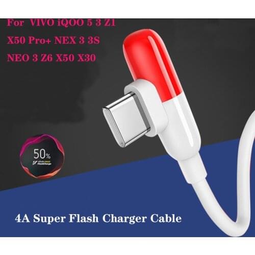 90 Degree USB C Super Flash Charger Cable 4A Fast Charging Data Line 1M For Vivo iQOO Pro 5 3 Neo 3 Z1 Z6 Z5 X50 Pro+ X3 X27 Pro