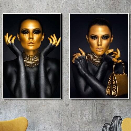 Black Gold Model African Art Woman Oil Painting on Canvas Cuadros Posters and Prints Scandinavian Wall Pictures for Living Room