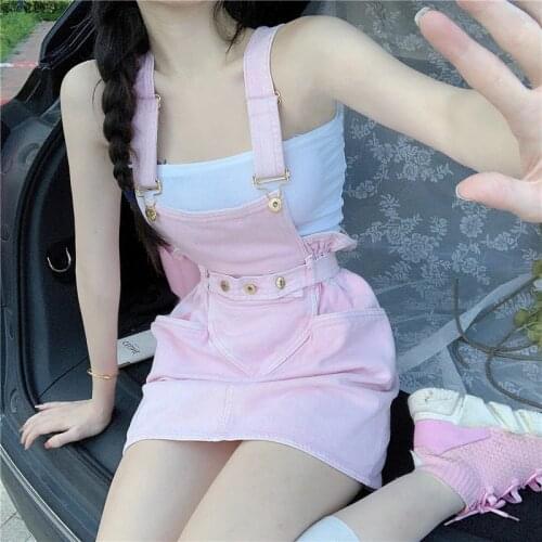 Summer Sweet Girl Y2k Kawaii Suspender vintage Dress 2021 Womens Pink Dress Sleeveless Sexy Backless Denim Strap Mini Dress