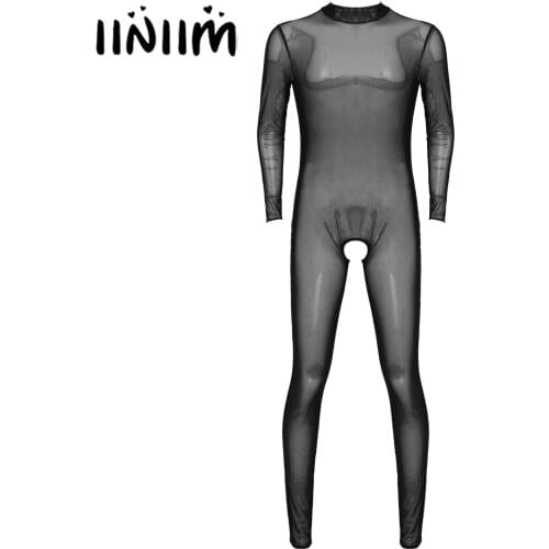Mens Lingerie Zipper Back Leotard Skinny Jumpsuits Long Sleeve Lingerie See-through Mesh High Neck Gay Male Crotchless Bodysuit