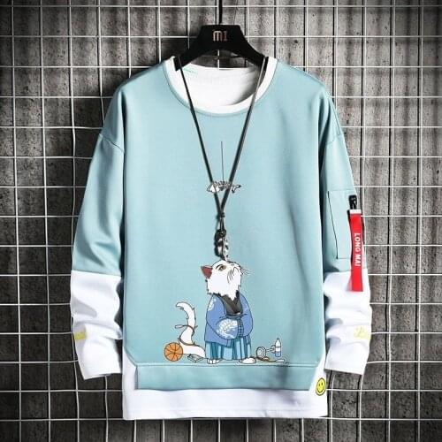 Cartoon Cat Sweatshirt Men Clothing Japanese Streetwear Men Tops Hip Hop Harajuku Pullover Men Sweatshirts M-4XL 2021