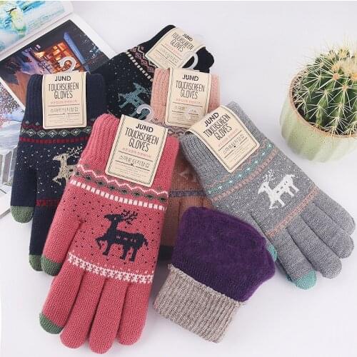 New knitted touch screen gloves for women winter Korean version plus velvet thickened cold deer wool warm gloves