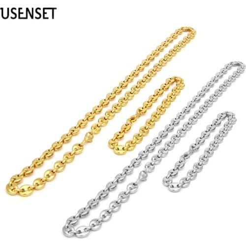 8MM 11MM 13MM Coffee Bean Chains Necklaces Stainless Steel Pig Nose Link Chains Bracelets Set Punk Hip Hop Handmade Jewelry