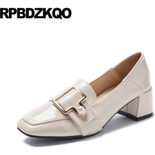 Sandals Pumps Mules Slipper Square Toe Slip On Chunky Block Ladies Patent Leather Shoes Casual 2021 Beige Metal Medium Heels