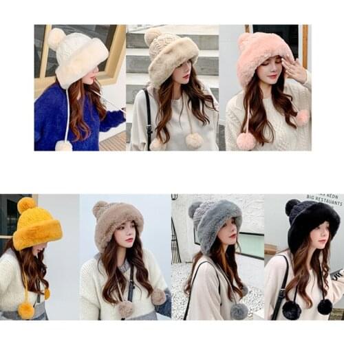 Women Winter Warm Thicken Plush Cable Knit Bomber Hat Solid Color Cute Pompom Windproof Snow Ski Earflap Trapper Cap