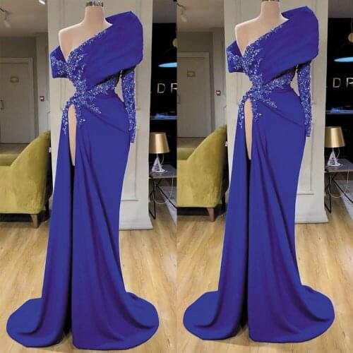SuperKimJo Royal Blue Evening Dress Women Lace Applique Beaded Modest One Shoulder Elegant Formal Party Dress Vestidos