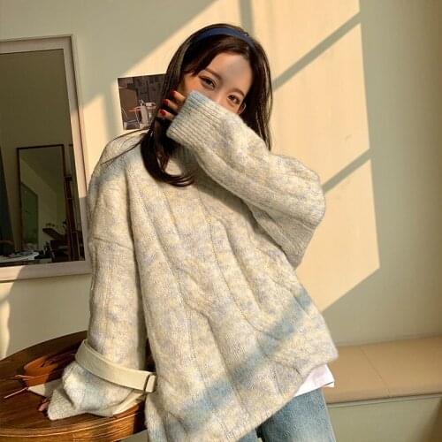 Cable Knit Long Sleeve Women Cozy Loose Fit Pastel Color Casual Overszie Sweater