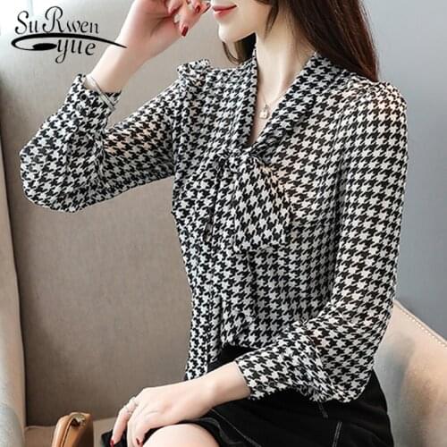 2021 Spring new Long Sleeve Blouses Woman Bow Chiffon Shirts Blusas Mujer De Moda Office Lady Tops Plaid Elegant Chic Blusa