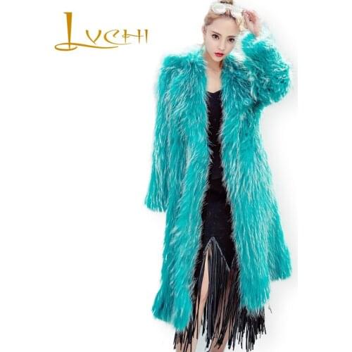 LVCHI Winter 2019 Long Sleeve Real Raccoon Dog Fur Coats V-Neck Real Natural Fur Coat Womens X-Long Slim Raccoon Dog Fur Coats
