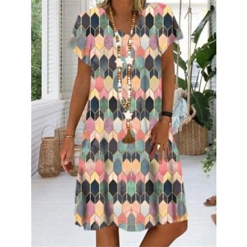 2021 Women Summer Casual Loose Vintage Print A-line Dress European Style Fashion Sexy V-neck Short Sleeve Bohemia Dress