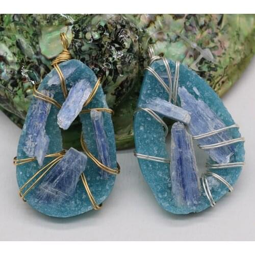 1pcs Natural Stone Druzy Water Drop Shape Light Blue Crystal Pendants Charms for Necklace Jewelry Making Gift Size 35x55mm