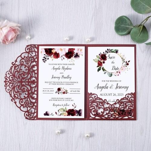 50pcs Burgundy Glitter Invitation Pockets Shining Laser Cut Hollow Rose Wedding Invitations Cards with Envelopes